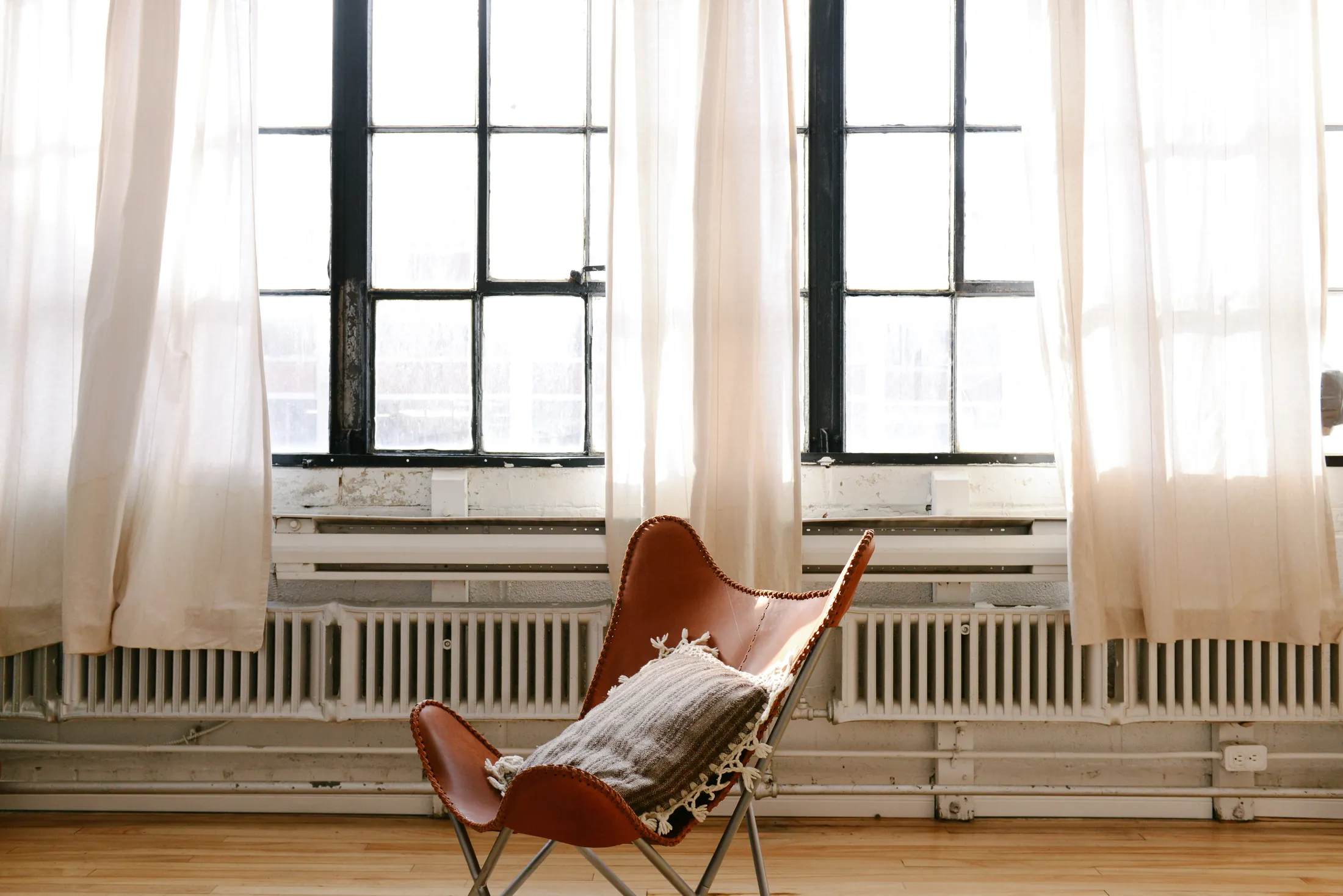 A leather butterfly chair beside tall steel-framed windows with sheer curtains
