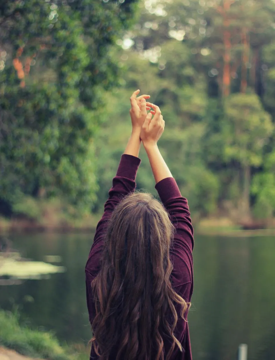 A person seen from behind raising their arms beside a lake